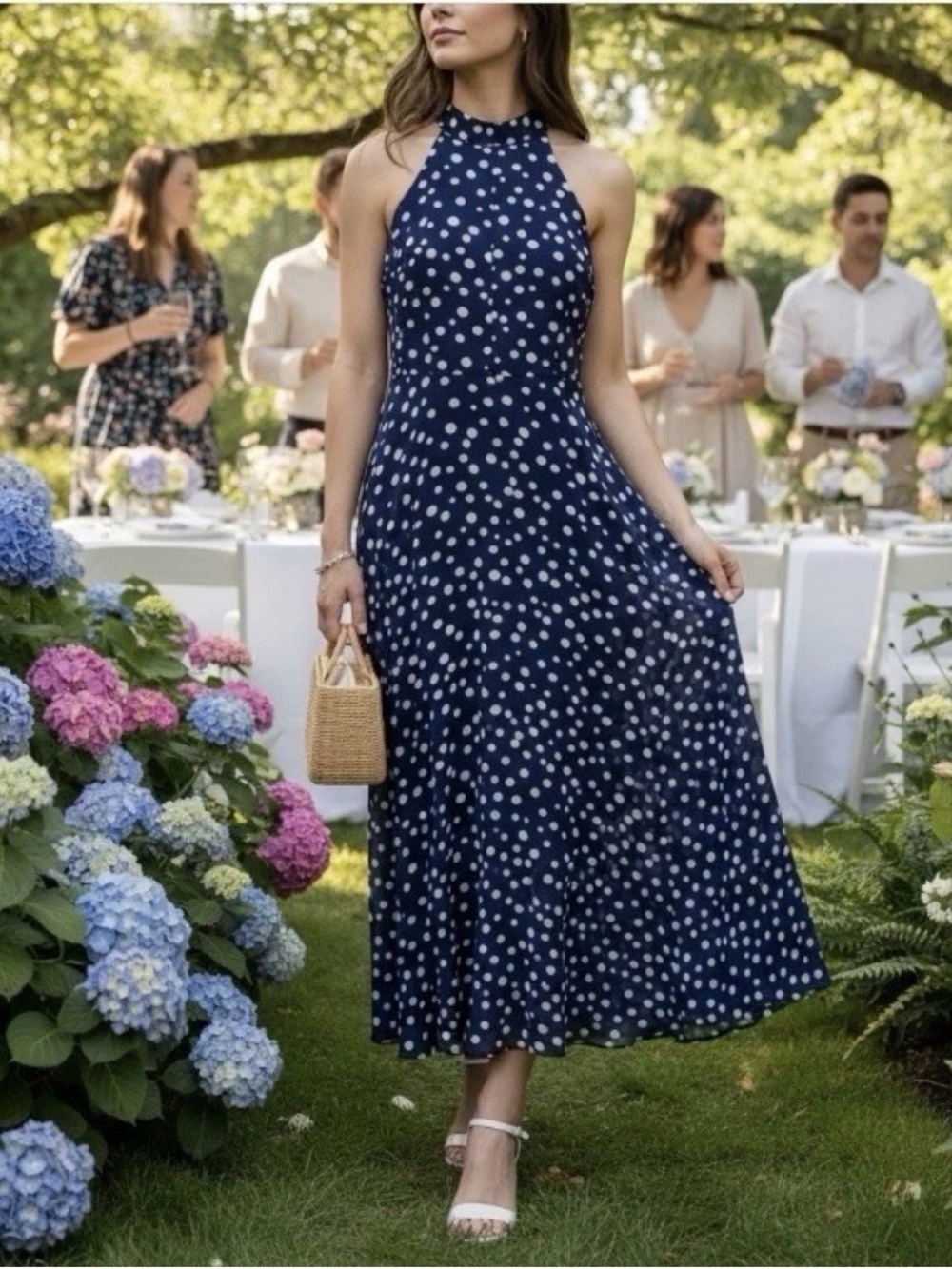 Tahari Navy and White Polka Dot Halter Maxi Dress